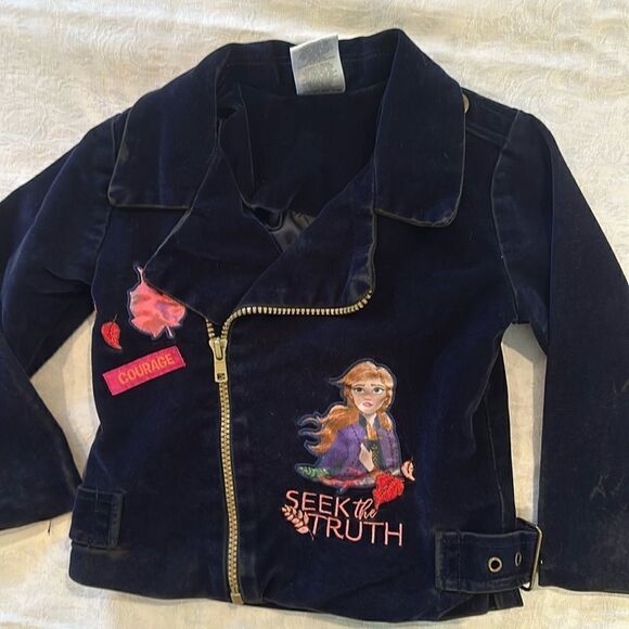 Disney Frozen II Girls Biker Jacket Velvet Elsa Size 3T Navy Blue - Picture 1 of 12
